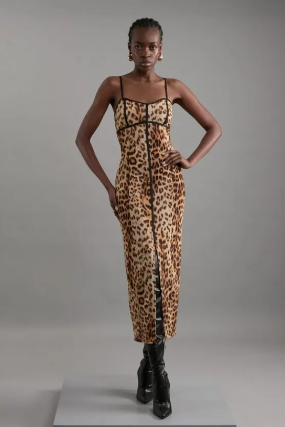 Karen Millen Lace Detail Power Mesh Jersey Maxi Dress leopard Sale