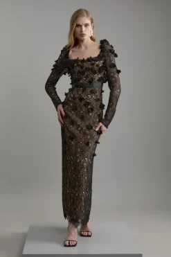 Karen Millen Lace Petal Applique Woven Midi Dress black_nude Hot