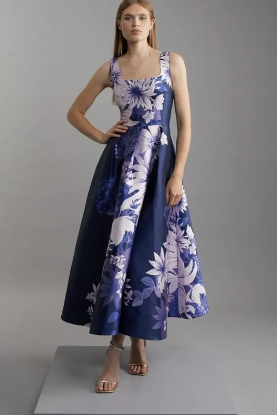 Karen Millen Large Scale Floral Print Woven Prom Maxi Dress navy Discount