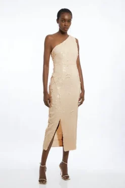 Karen Millen Layered Sequin One Shoulder Woven Split Midi Dress white Clearance