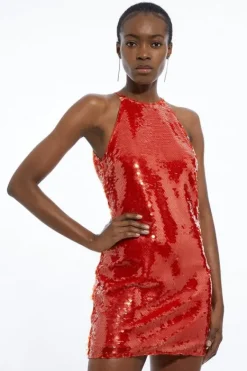 Karen Millen Layered Sequin Open Back Woven Mini Dress orange Clearance