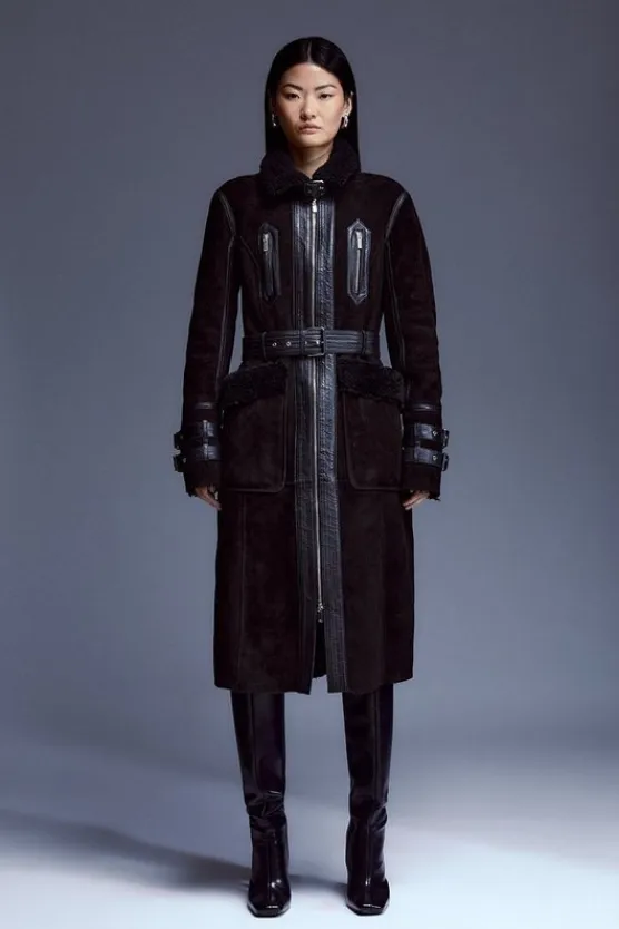 Karen Millen Leather And Shearling Mix Long Aviator Coat black New