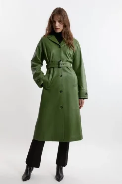 Karen Millen Leather Belted Clean Trench Coat olive New