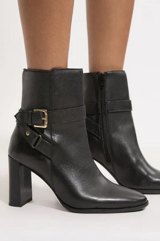 Karen Millen Leather Block Heel Buckle Ankle Boot black Outlet