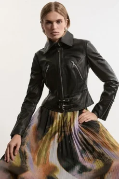 Karen Millen Leather Buckle Detail Zip Through Moto Jacket black New