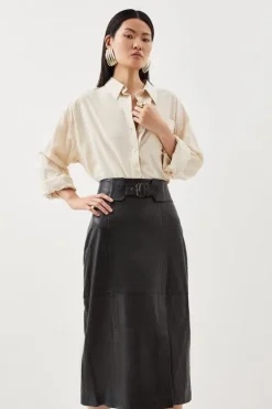 Karen Millen Leather Buckle Waist Detail Pencil Midi Skirt black Clearance