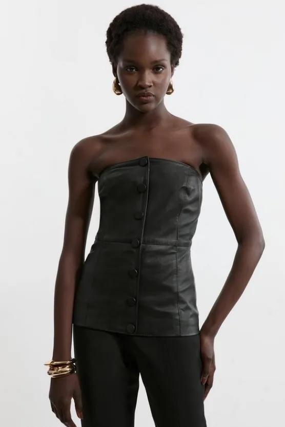 Karen Millen Leather Button Front Corest Top black Discount