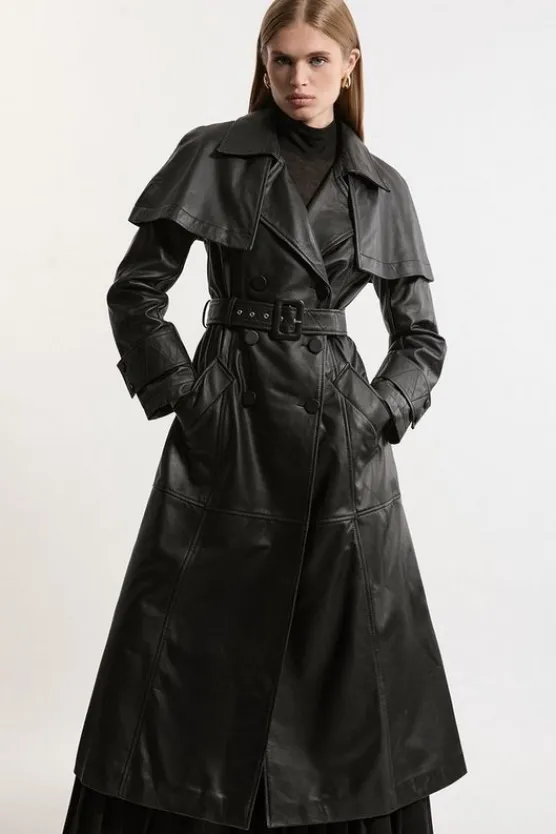 Karen Millen Leather Cape Detail Trench Coat black Sale