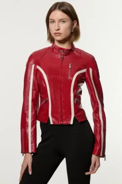 Karen Millen Leather Color Block High Collar Motto Moto Jacket red Best