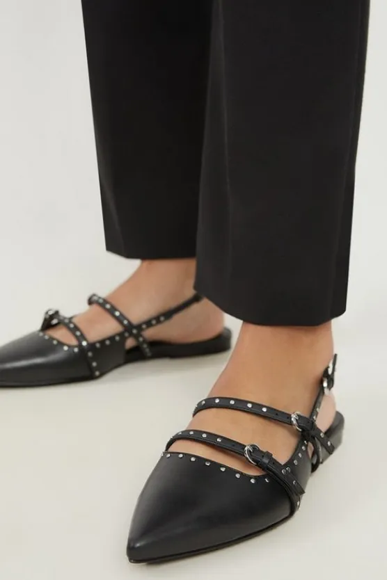Karen Millen Leather Double Buckle Strap Studded Slingback Pointed Flats black Clearance