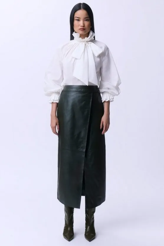Karen Millen Leather Double Waistband A-Line Midi Skirt green Fashion