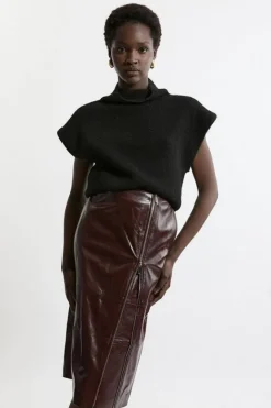 Karen Millen Leather Double Zip Pencil Midi Skirt red Discount