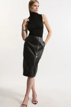 Karen Millen Leather Double Zip Pencil Midi Skirt black Fashion