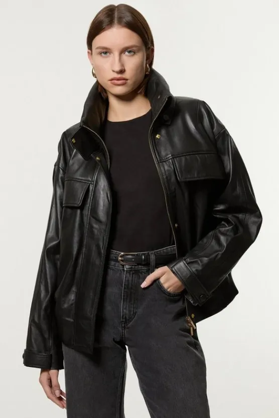 Karen Millen Leather High Neck Blouson Bomber Jacket black Best