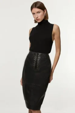 Karen Millen Leather Lace Up Pencil Skirt black Fashion