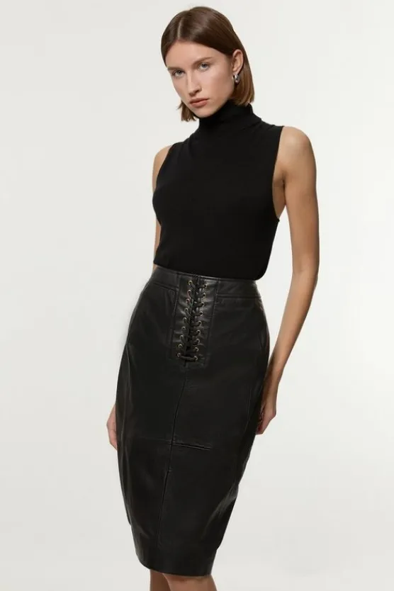 Karen Millen Leather Lace Up Pencil Skirt black Fashion