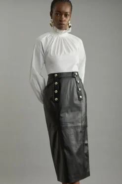 Karen Millen Leather Military Button Pencil Midi Skirt black Outlet