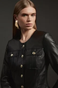 Karen Millen Leather Military Button Through Tailored Collarless Jacket black Clearance