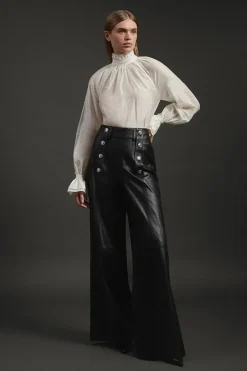 Karen Millen Leather Military Button Wide Leg Pants black Hot