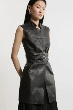 Karen Millen Leather Notch Neck Sleeveless Jacket black Fashion