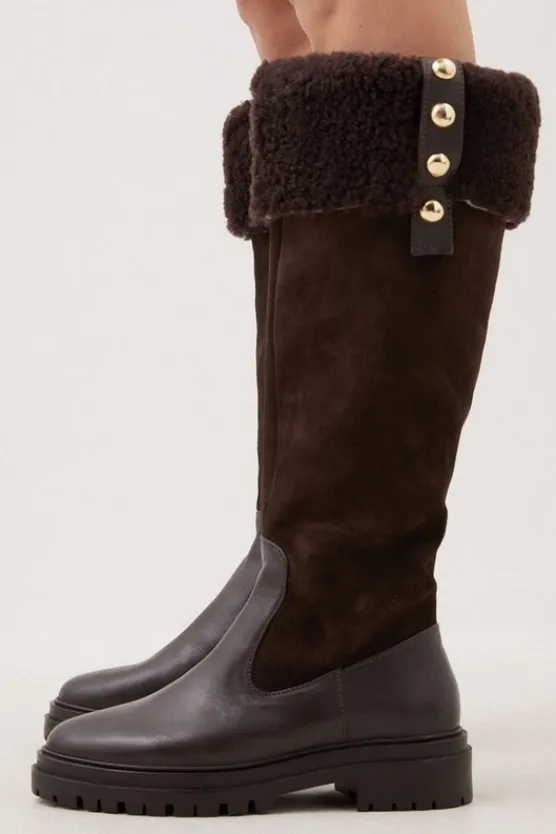 Karen Millen Leather Shearing Knee High Boot tan Best