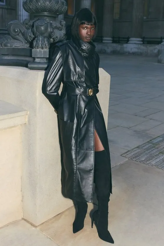 Karen Millen Leather Strong Shoulder Belted Trench Coat black Clearance