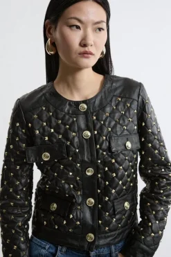 Karen Millen Leather Studded Quilted Trophy Jacket black Hot