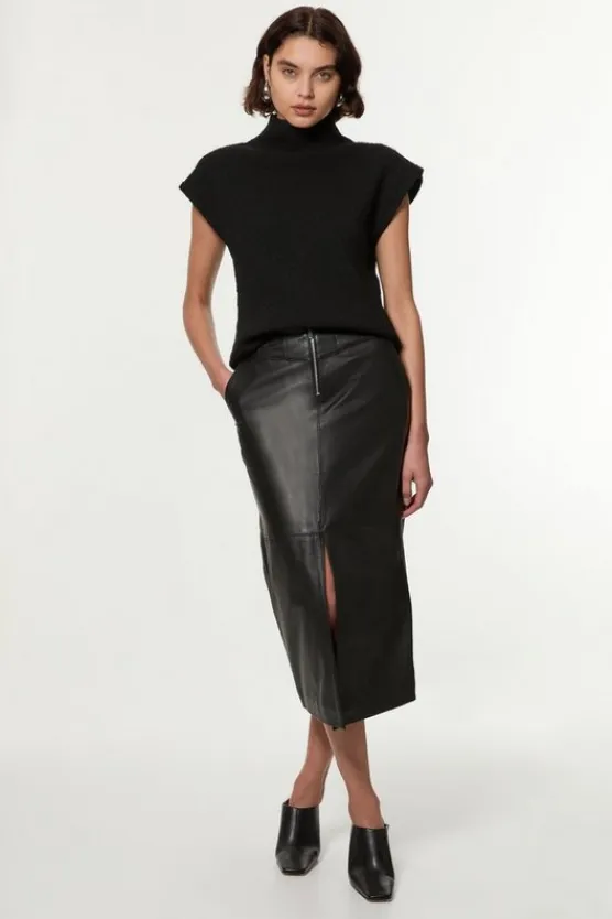 Karen Millen Leather Zip Detail Pencil Skirt black New