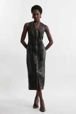 Karen Millen Leather Zip Through Sleeveless Seam Detail Pencil Dress black Clearance