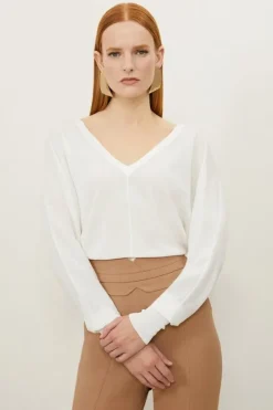 Karen Millen Lightweight Knitted V Neck Long Sleeve Sweater white Outlet