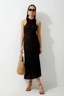 Karen Millen Linen Blend Racer Neck Full Skirt Knit Dress black Fashion