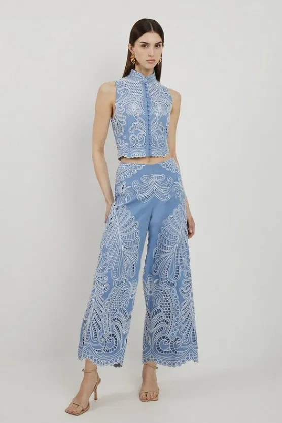 Karen Millen Linen Cutwork Embroidery Woven Pants blue Online