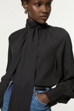 Karen Millen Long Sleeved Pussy Bow Woven Blouse black Sale