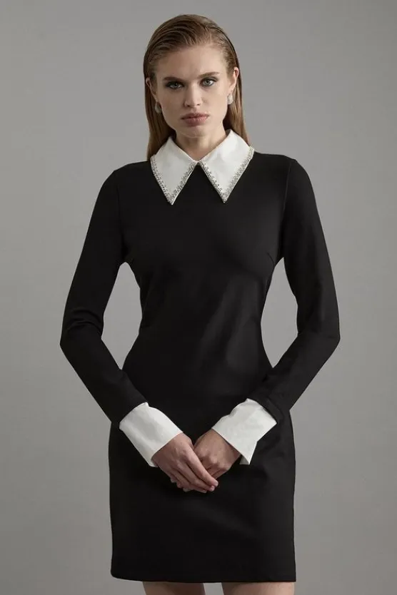 Karen Millen Long Sleeve Embellished Collar Mini Woven Dress mono Best