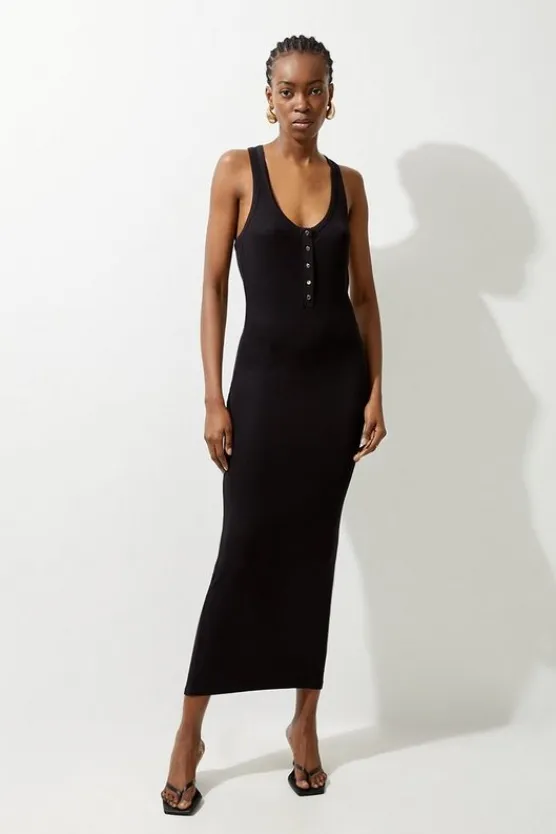 Karen Millen Lux Viscose Rib Jersey Racer Back Midi Dress black Discount