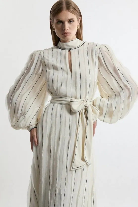 Karen Millen Lydia Millen Chiffon Top Stitch Detail Ruffle Belted Woven Midaxi Dress ivory Online