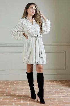 Karen Millen Lydia Millen Chiffon Top Stitch Detail Ruffle Belted Woven Mini Dress ivory Sale