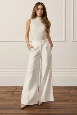 Karen Millen Lydia Millen Compact Stretch Grosgrain Detail Tailored Wide Leg Pants ivory New