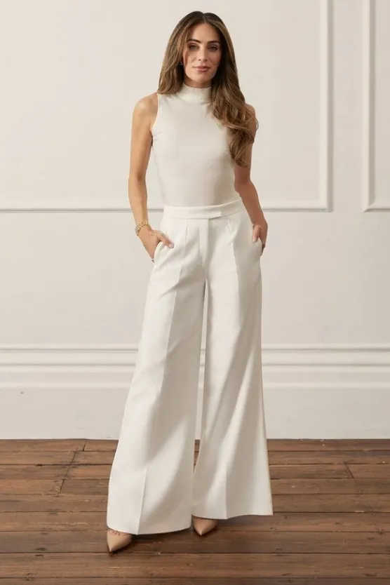 Karen Millen Lydia Millen Compact Stretch Grosgrain Detail Tailored Wide Leg Pants ivory New