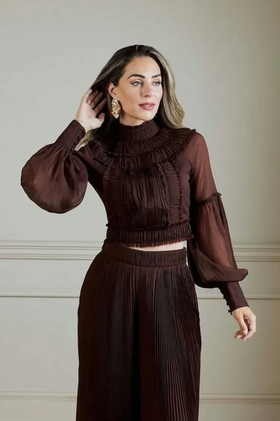 Karen Millen Lydia Millen Crinkle Wide Leg Woven Trouser Co-Ord chocbrown Outlet