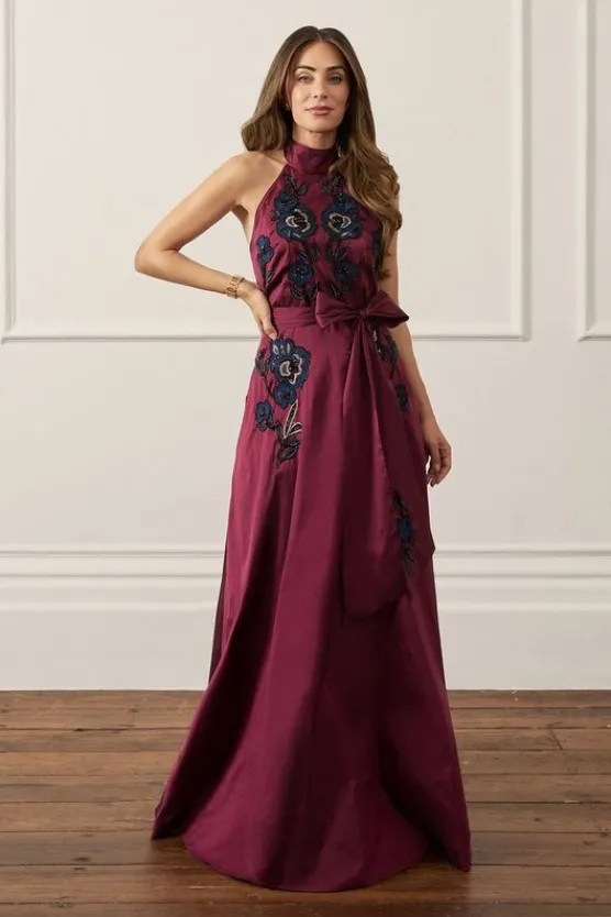 Karen Millen Lydia Millen Embellished Taffeta Woven Halter Prom Dress wine New
