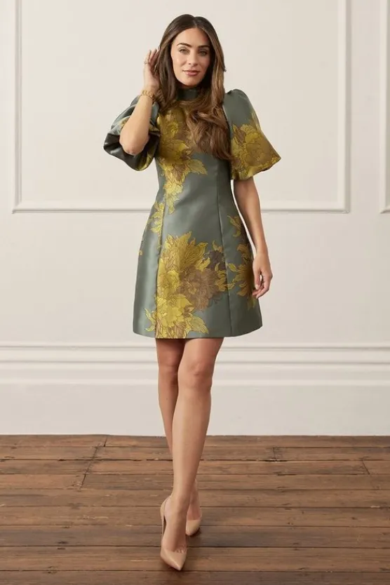 Karen Millen Lydia Millen Jacquard Mini Dress With Tie Detail And Puff Sleeve floral Hot
