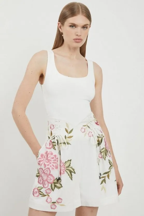Karen Millen Lydia Millen Linen Embroidery Woven Short natural Sale