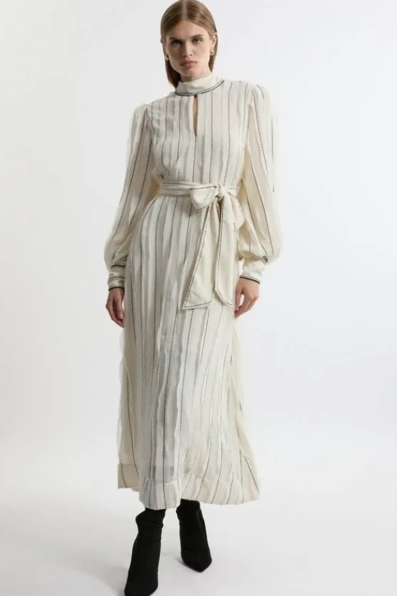 Karen Millen Lydia Millen Petite Chiffon Top Stitch Detail Ruffle Belted Woven Midaxi Dress ivory Best