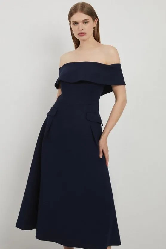 Karen Millen Lydia Millen Petite Compact Stretch Off The Shoulder Full Skirt Tailored Midi Dress navy Clearance