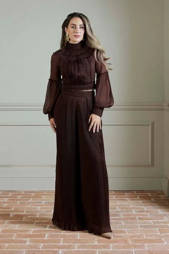 Karen Millen Lydia Millen Petite Crinkle Wide Leg Woven Pants chocbrown Outlet