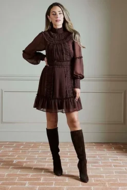 Karen Millen Lydia Millen Petite Pleat Crinkle High Neck Drama Sleeve Woven Mini Dress chocbrown Sale