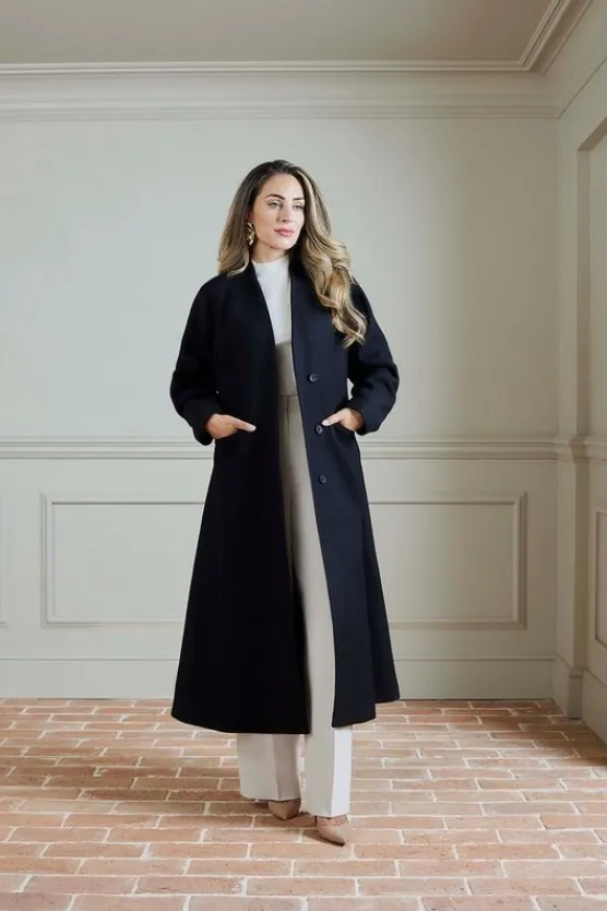 Karen Millen Lydia Millen Petite Premium Italian Manteco Wool Rounded Sleeve Skirted Tailored Midaxi Coat black Outlet