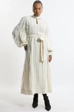 Karen Millen Lydia Millen Plus Size Chiffon Top Stitch Detail Ruffle Belted Woven Midaxi Dress ivory New