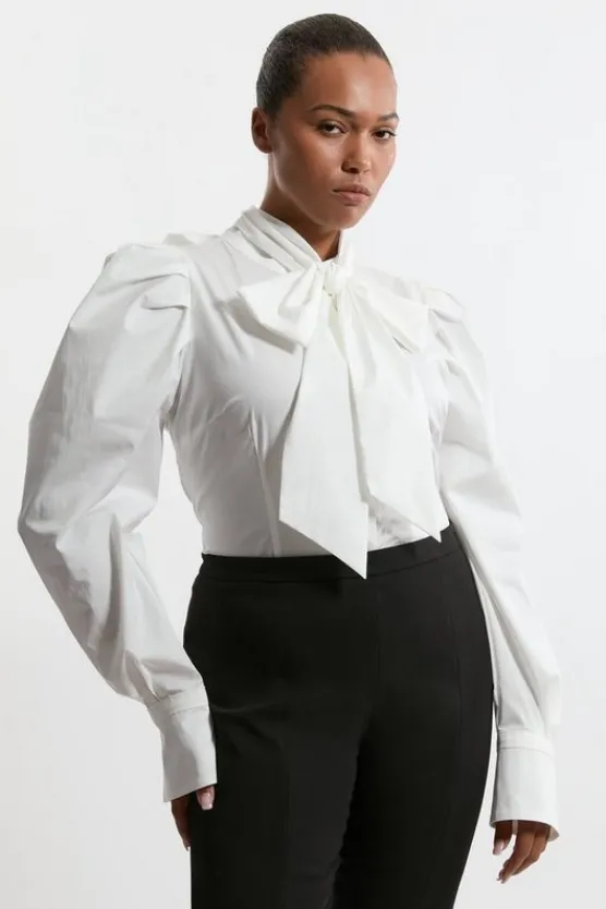 Karen Millen Lydia Millen Plus Size Drama Sleeve High Neck Woven Cotton Shirt white Sale